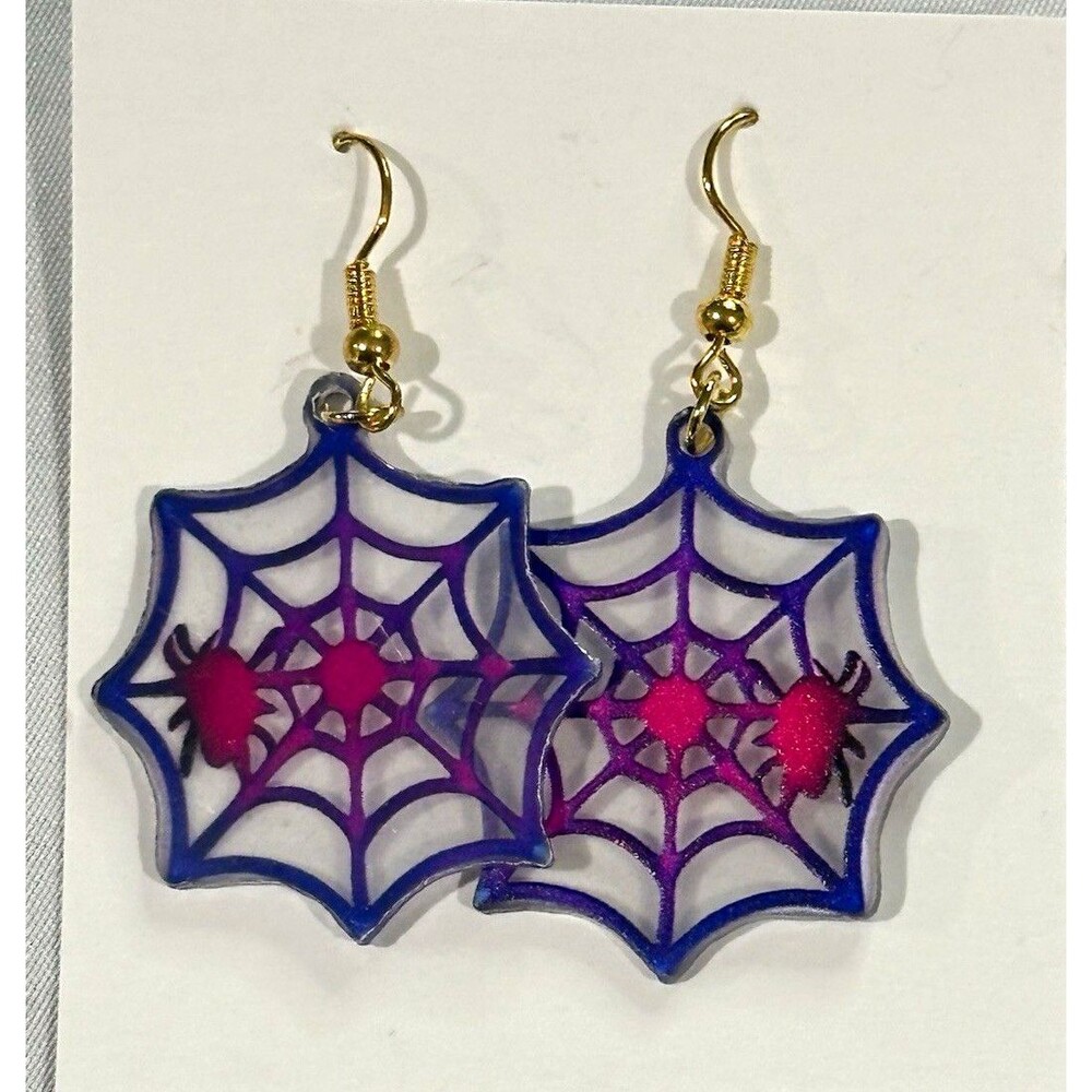 Halloween Purple Spiderweb w/ Pink Spider Dangle Earrings, Plastic, Hook Back